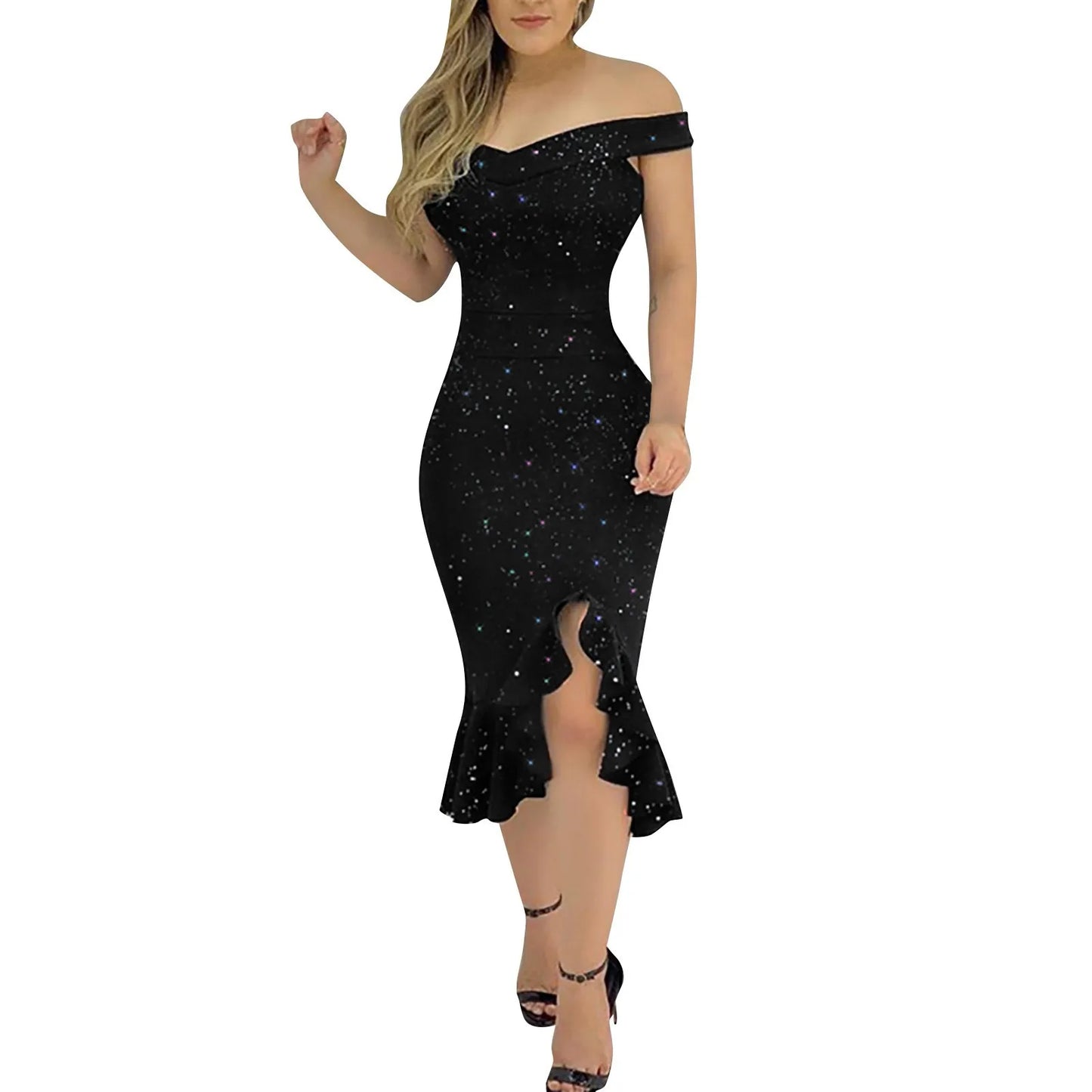 Women's Off Shoulder Sequin Ruffle Dress