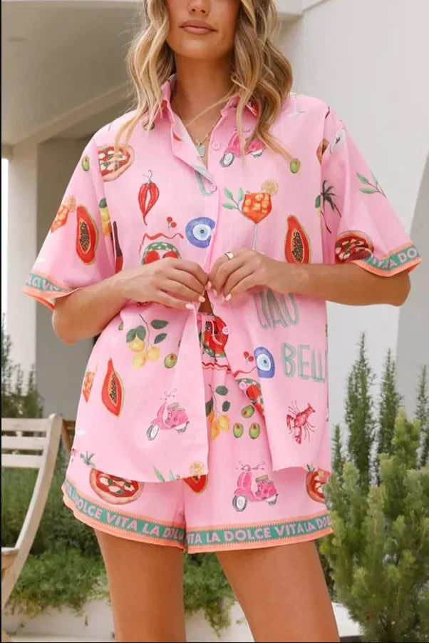 2025 New Style Vacation Cruise Set, Two Piece Set, Digital Print, Tropical Printed Necklace Shirt+Wide Leg Pants Women's Wear