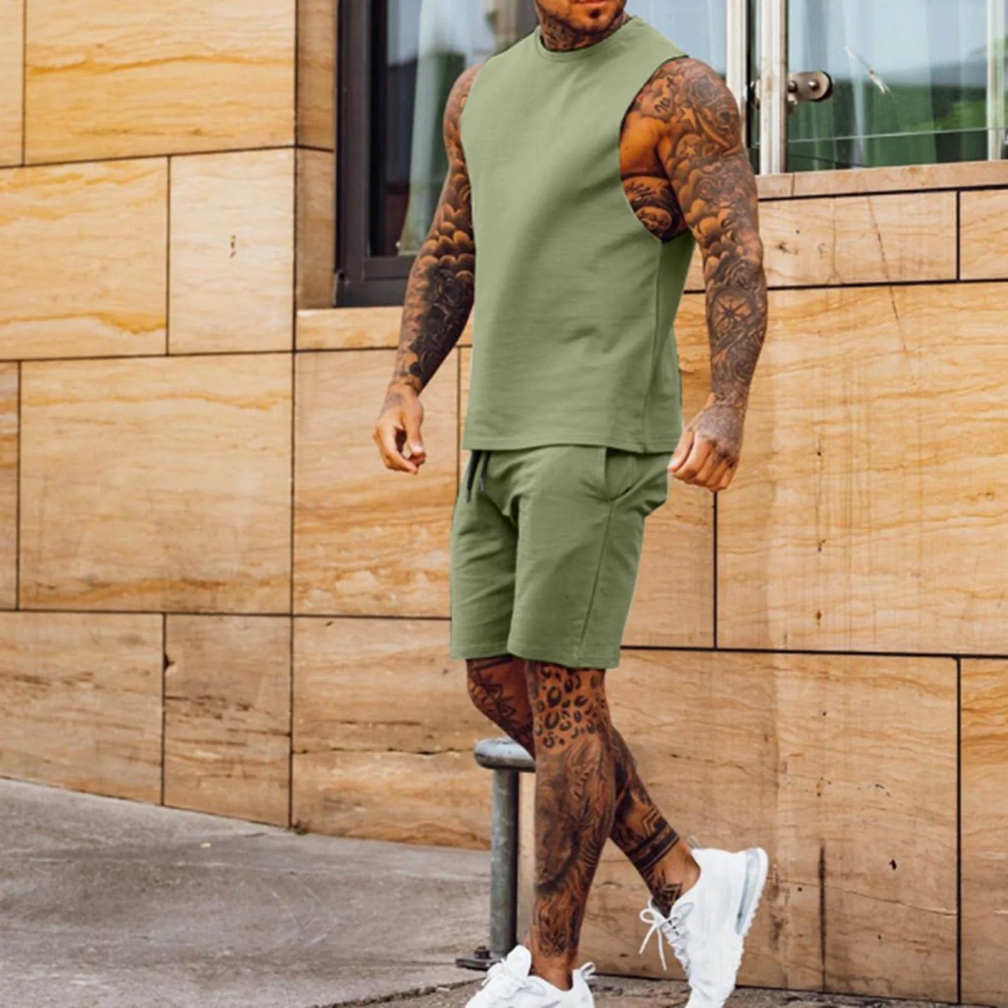 Athletic 2-Piece Outfit - Breathable Gym Shorts & Sleeveless Tee