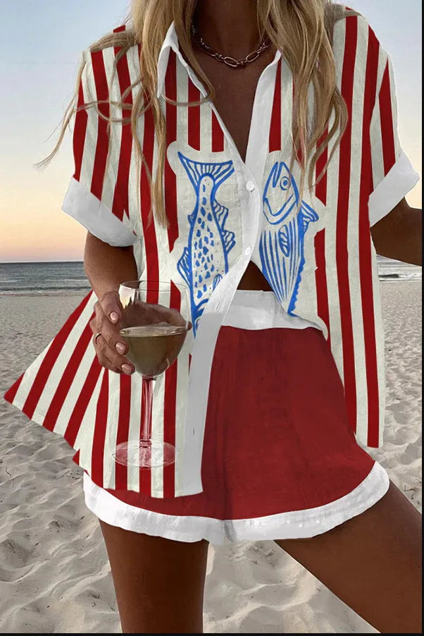 2025 New Style Vacation Cruise Set, Two Piece Set, Digital Print, Tropical Printed Necklace Shirt+Wide Leg Pants Women's Wear