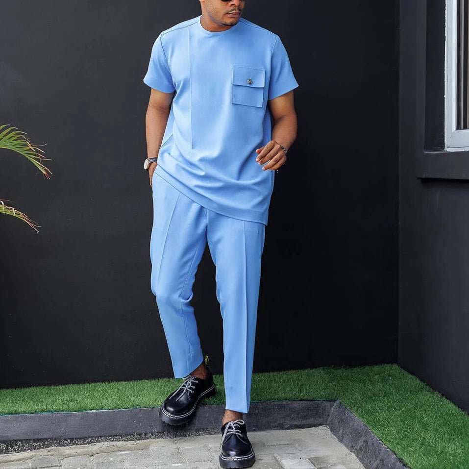 Brand New African Sets Short Sleeve Round Neck Solid Color Simple Shirt And Casual Pants Two-piece Men's Suit 2022 Summer(M-4XL)