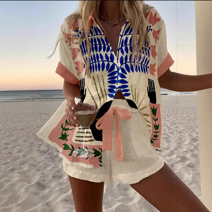 2025 New Style Vacation Cruise Set, Two Piece Set, Digital Print, Tropical Printed Necklace Shirt+Wide Leg Pants Women's Wear