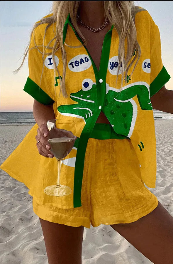 2025 New Style Vacation Cruise Set, Two Piece Set, Digital Print, Tropical Printed Necklace Shirt+Wide Leg Pants Women's Wear