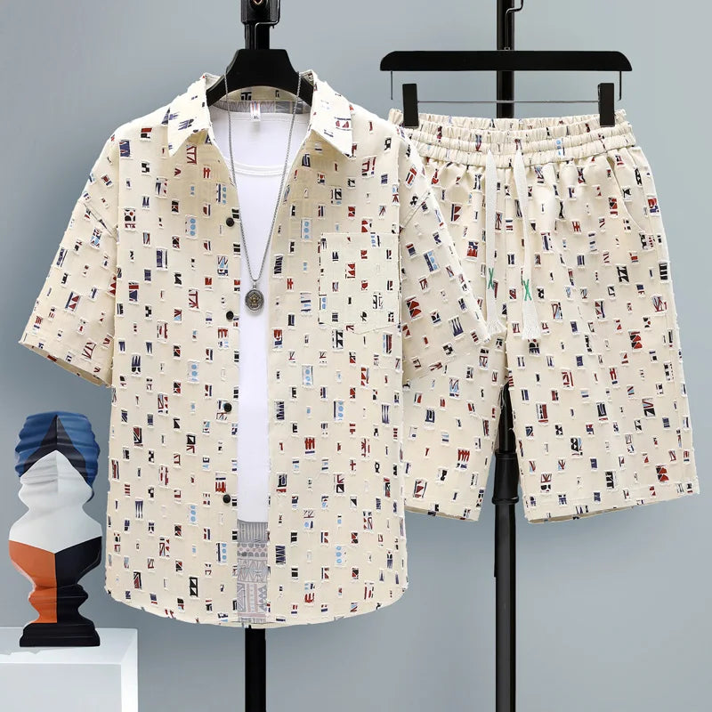 Summer 2 Pieces Set Tracksuit Men's Fake Two Shirt Shorts Harajuku Streetwear Oversized Men Sets Short Outfits Suits
