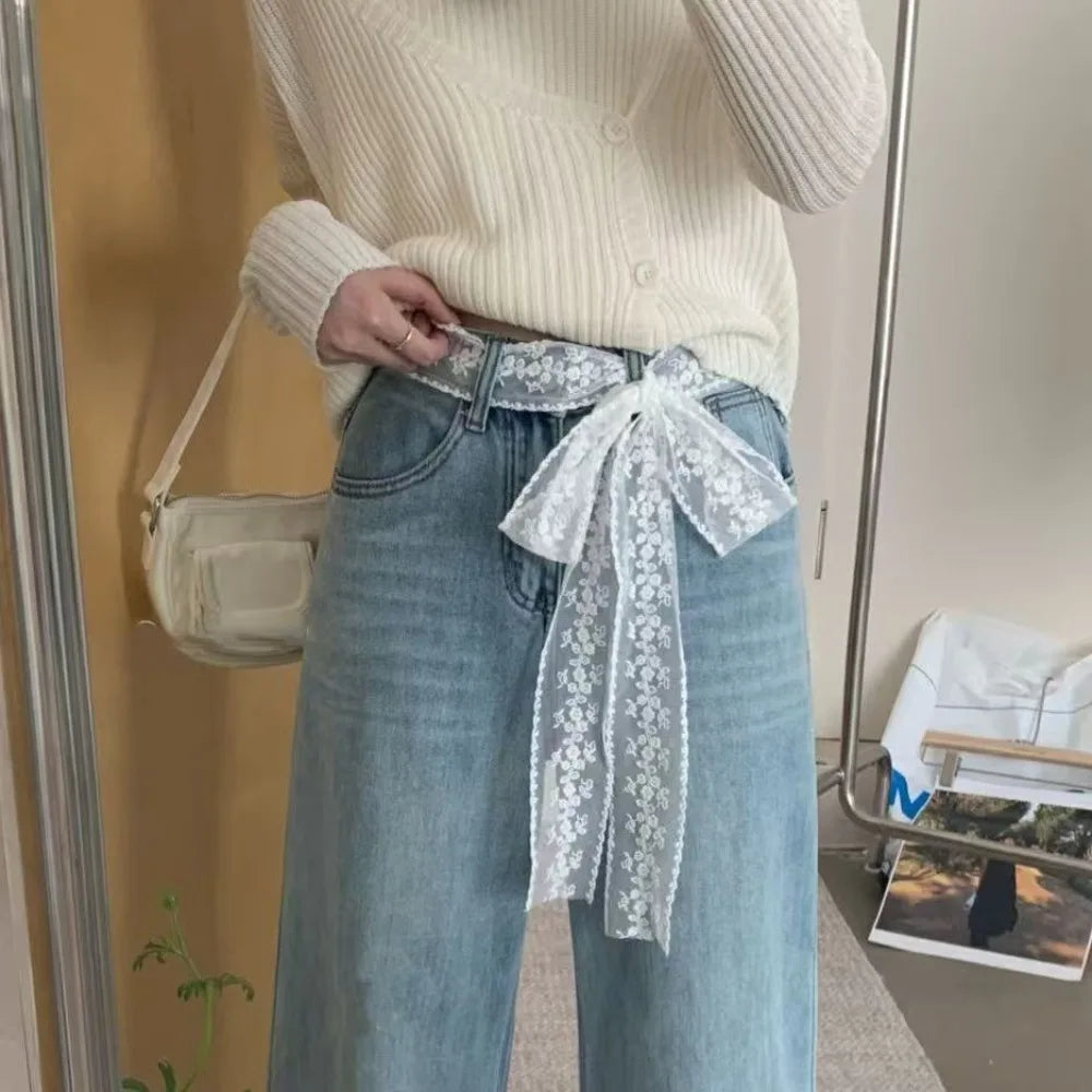 Unique Y2k Long Lace Waistband Floral Bow Lace Waist Belt Tie Up Thin Dress Jeans Belt Summer