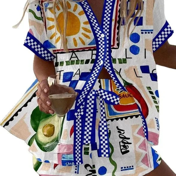 2025 New Style Vacation Cruise Set, Two Piece Set, Digital Print, Tropical Printed Necklace Shirt+Wide Leg Pants Women's Wear