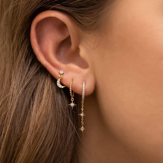 3 Piece Fashion Stainless Steel Round Star Drop Earrings Set for Women 18K Golden Plated Dangle Earring Punk Unisex Rock Jewelry