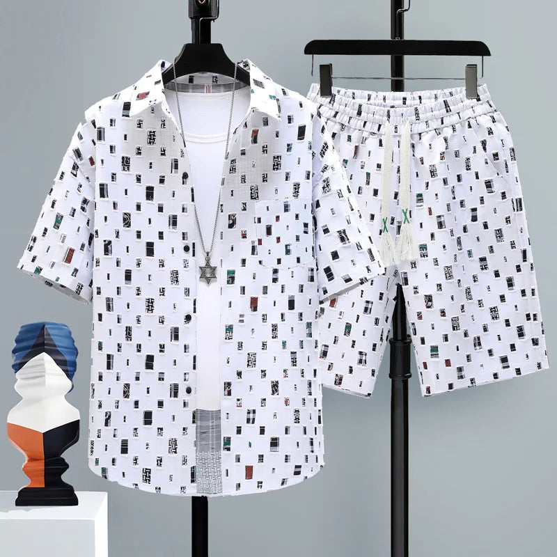 Summer 2 Pieces Set Tracksuit Men's Fake Two Shirt Shorts Harajuku Streetwear Oversized Men Sets Short Outfits Suits