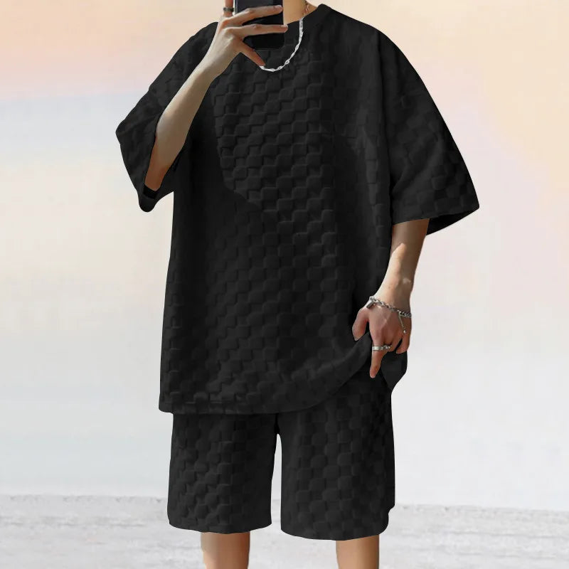 Men's Summer Chessboard Plaid Loose Two-Piece Set