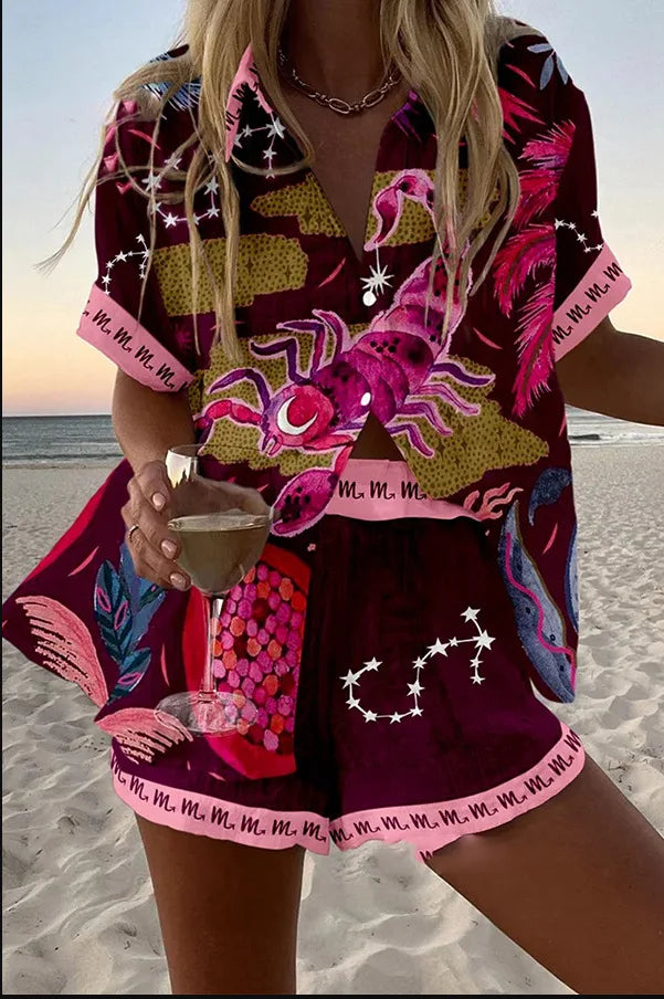 2025 New Style Vacation Cruise Set, Two Piece Set, Digital Print, Tropical Printed Necklace Shirt+Wide Leg Pants Women's Wear