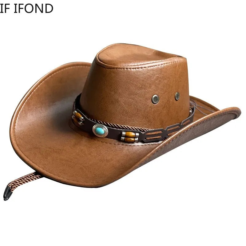 Faux Leather Western Cowboy Hats For Women Men Vintage Gentleman Dress Hats Panama Cowgirl Jazz Cap Sombrero Hombre