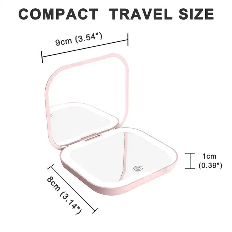 2X magnifying Compact Cosmetic Vanity Mirror with Lights Travel Mini Gift Folding Led Portable Hand Held Pocket Makeup Mirror