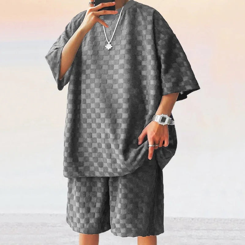 Men's Summer Chessboard Plaid Loose Two-Piece Set