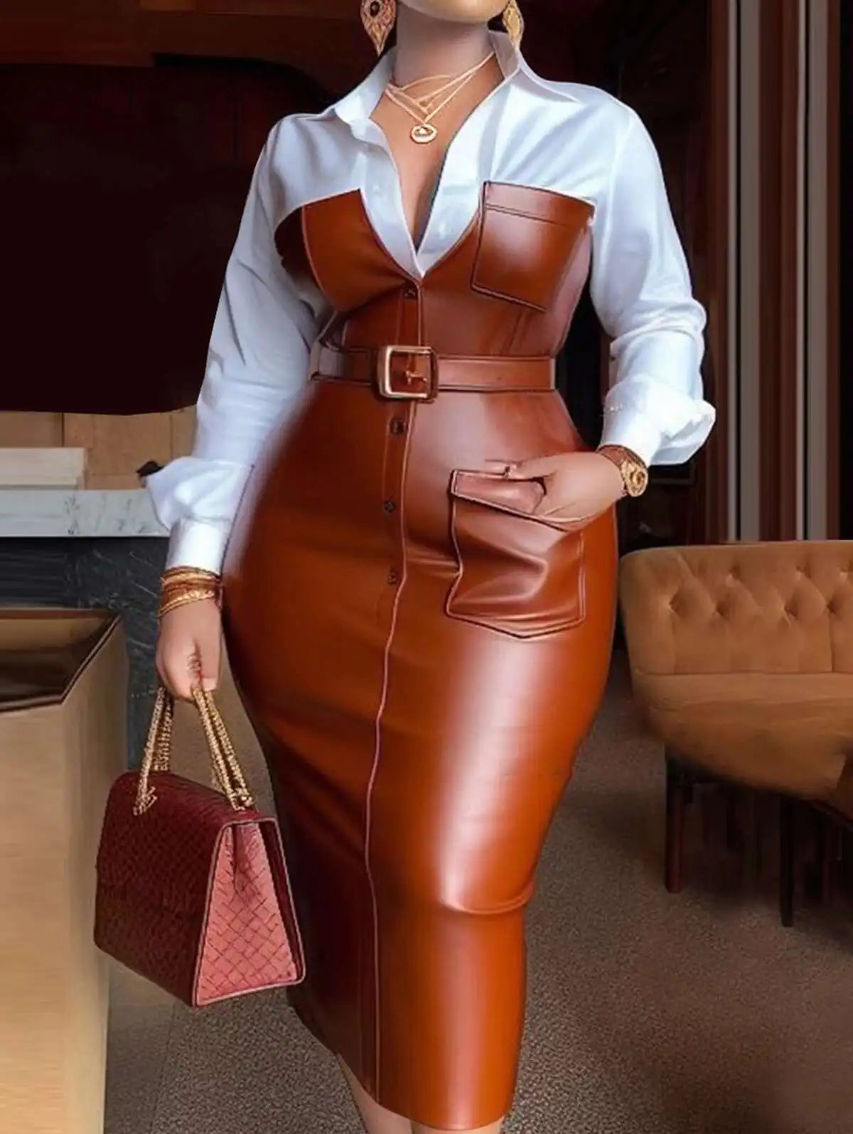 Womens Shirt Collar Dresses New Autumn Buttons Long Sleeve PU Leather Patchwork Pocket Skinny Belted Lapel Female Midi Dress PQ8