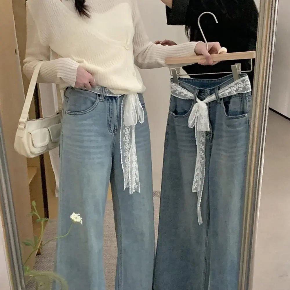 Unique Y2k Long Lace Waistband Floral Bow Lace Waist Belt Tie Up Thin Dress Jeans Belt Summer