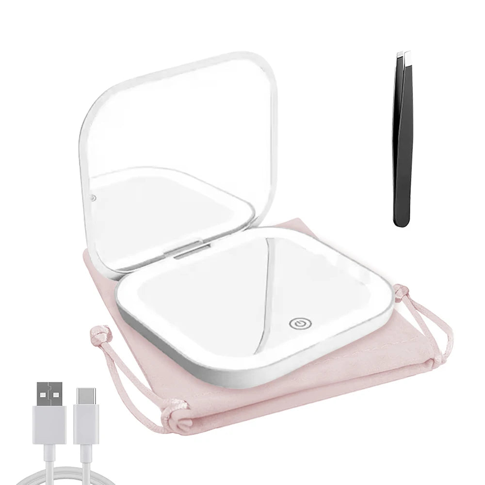 2X magnifying Compact Cosmetic Vanity Mirror with Lights Travel Mini Gift Folding Led Portable Hand Held Pocket Makeup Mirror