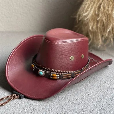 Faux Leather Western Cowboy Hats For Women Men Vintage Gentleman Dress Hats Panama Cowgirl Jazz Cap Sombrero Hombre