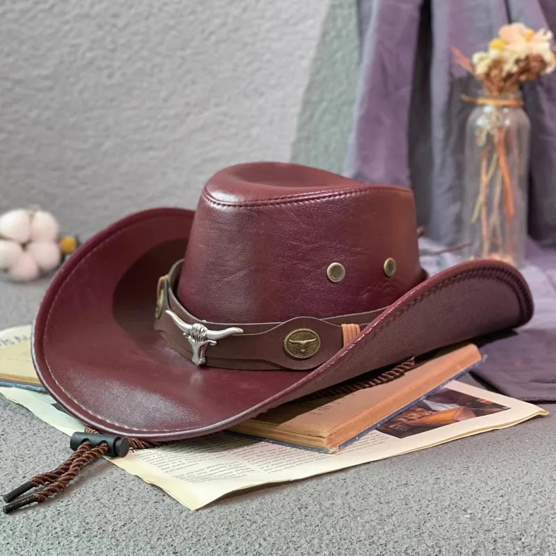 Faux Leather Western Cowboy Hats For Women Men Vintage Gentleman Dress Hats Panama Cowgirl Jazz Cap Sombrero Hombre