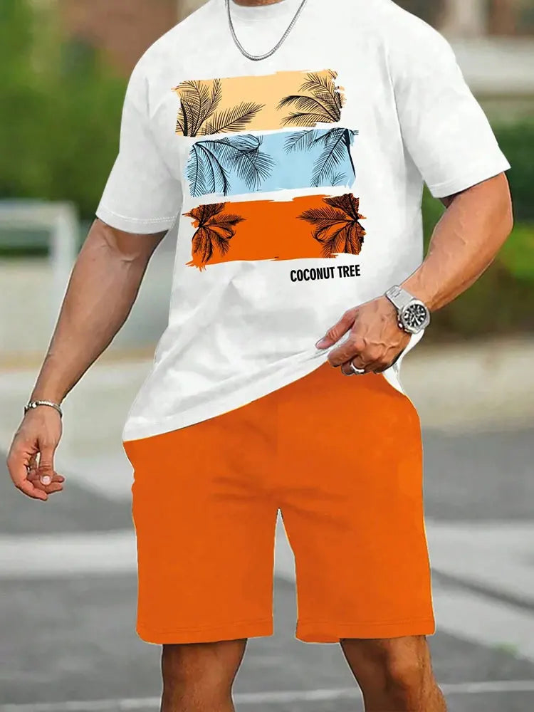 Casual men's  beach  shorts palm tree print O-neck short sleeved l