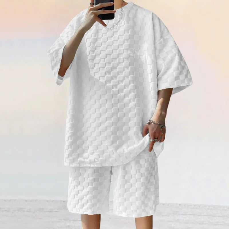 Men's Summer Chessboard Plaid Loose Two-Piece Set