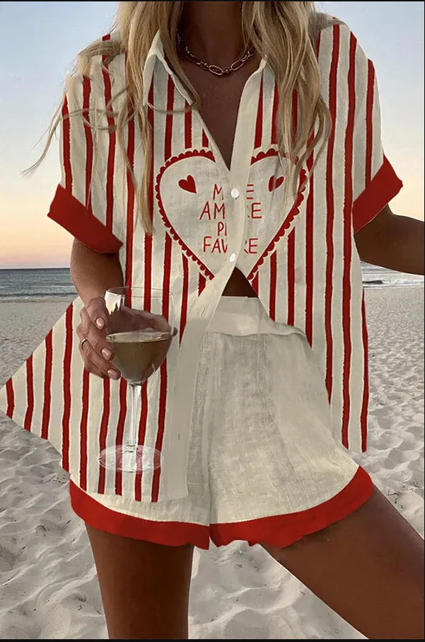 2025 New Style Vacation Cruise Set, Two Piece Set, Digital Print, Tropical Printed Necklace Shirt+Wide Leg Pants Women's Wear
