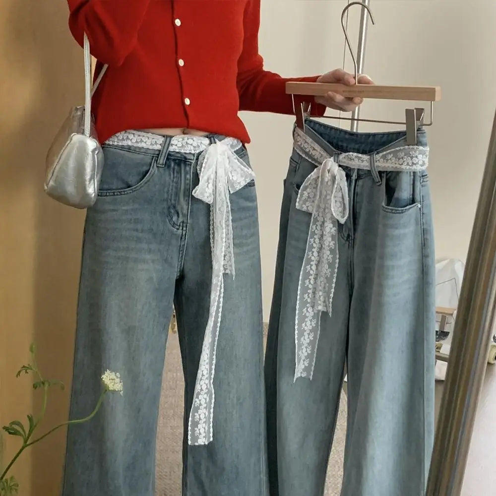 Unique Y2k Long Lace Waistband Floral Bow Lace Waist Belt Tie Up Thin Dress Jeans Belt Summer