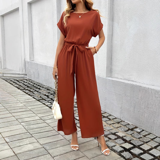Women's Elegant Solid Color Belted Jumpsuit with Round Neck