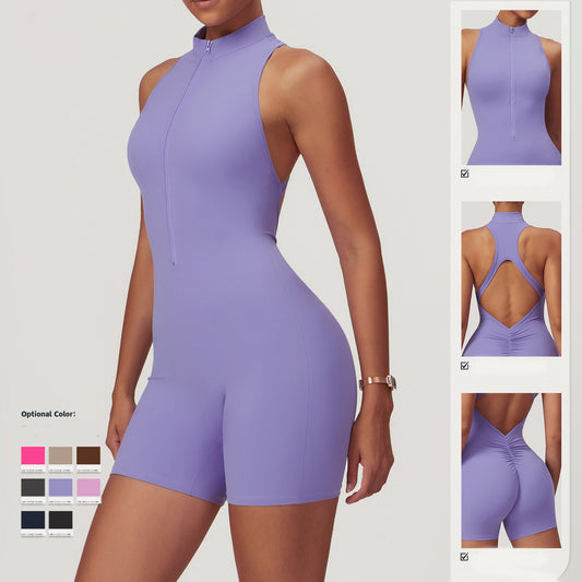 Women’s Summer Backless Yoga Jumpsuit – Zipper Bodysuit with Shorts