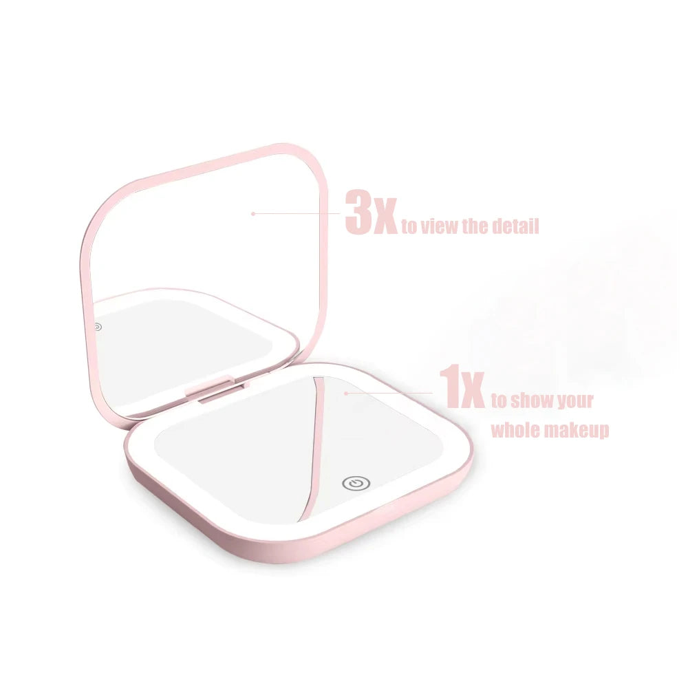 2X magnifying Compact Cosmetic Vanity Mirror with Lights Travel Mini Gift Folding Led Portable Hand Held Pocket Makeup Mirror