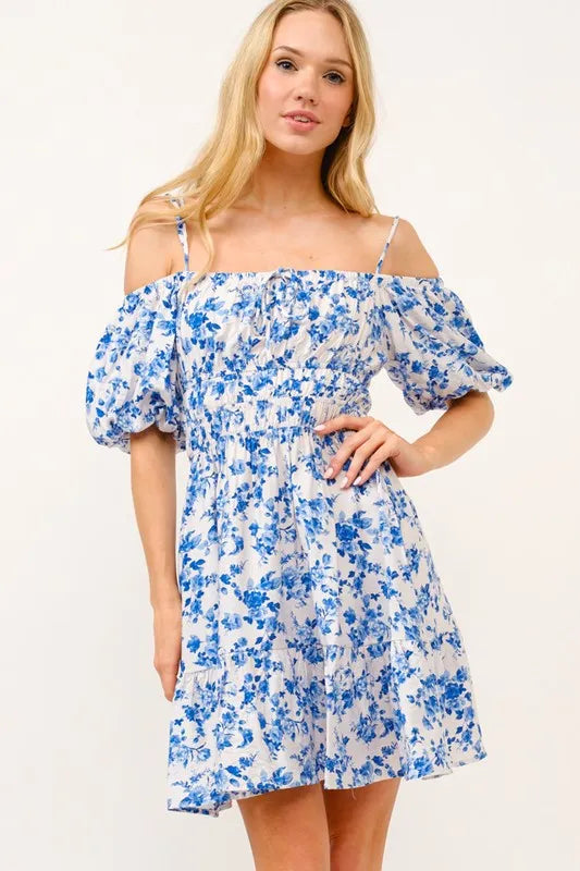 Chic Off-Shoulder Dress with Bubble Sleeves - White & Blue