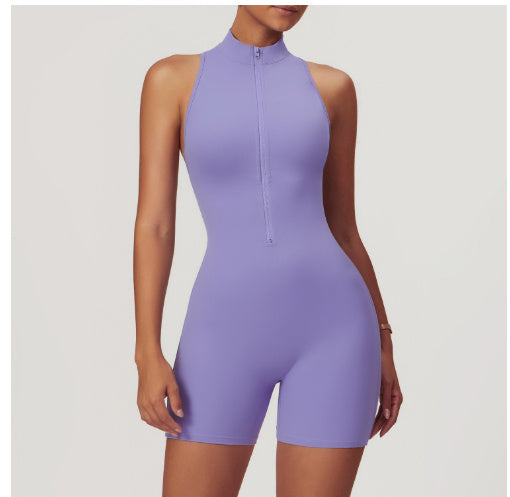 Women’s Summer Backless Yoga Jumpsuit – Zipper Bodysuit with Shorts