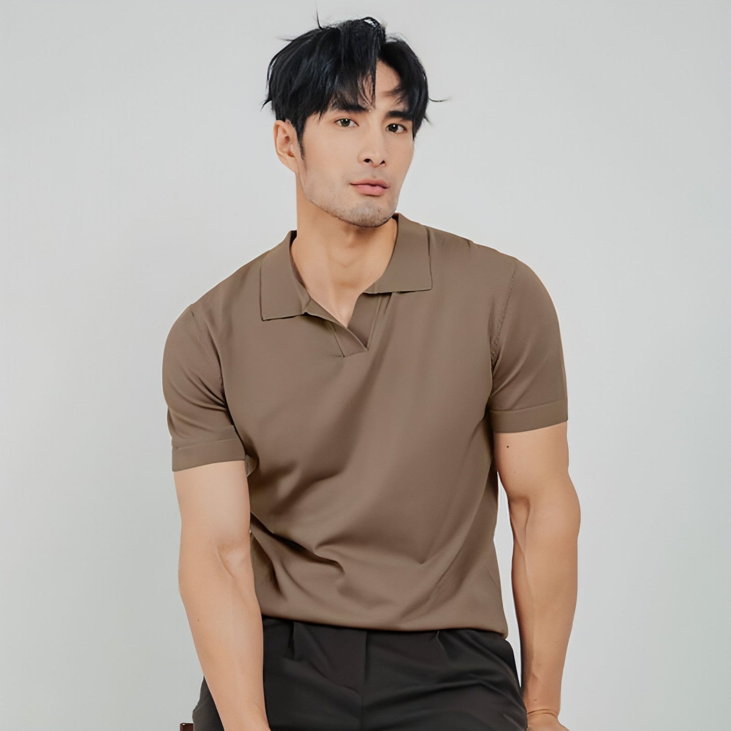 Lightly Mature Men's Solid Color Lapel Knitted Polo Shirt
