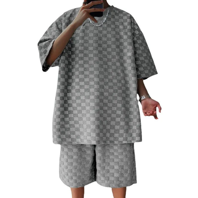 Men's Summer Chessboard Plaid Loose Two-Piece Set