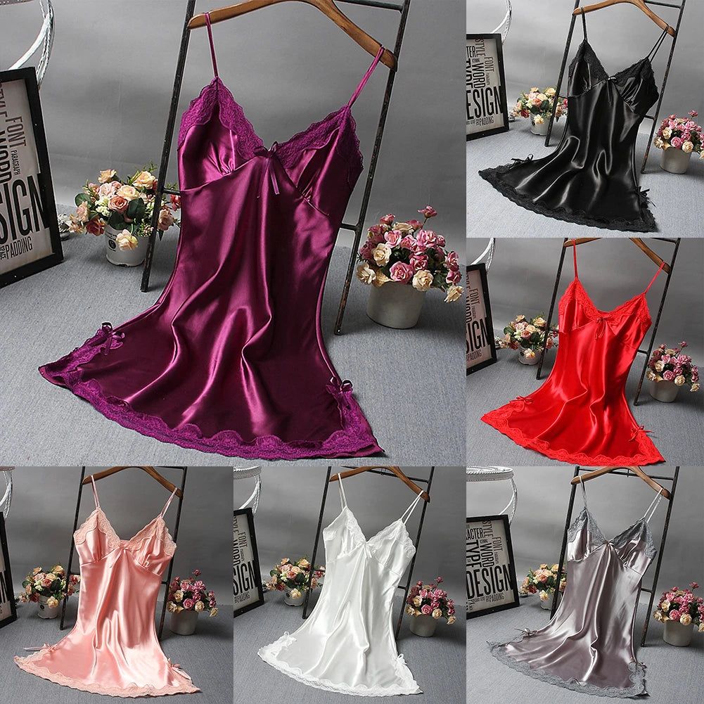 Sexy Women's Satin Soft Nightdress Lace Lingerie Sleepwear Ladies Wrap Night Dress Robe Summer Pajamas Nightgowns Sleep Shirts