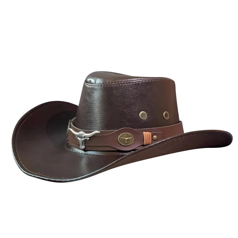 Faux Leather Western Cowboy Hats For Women Men Vintage Gentleman Dress Hats Panama Cowgirl Jazz Cap Sombrero Hombre
