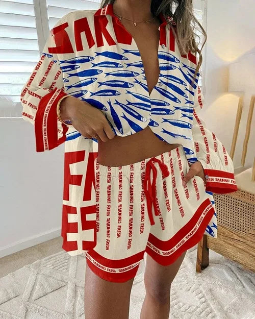 2025 New Style Vacation Cruise Set, Two Piece Set, Digital Print, Tropical Printed Necklace Shirt+Wide Leg Pants Women's Wear