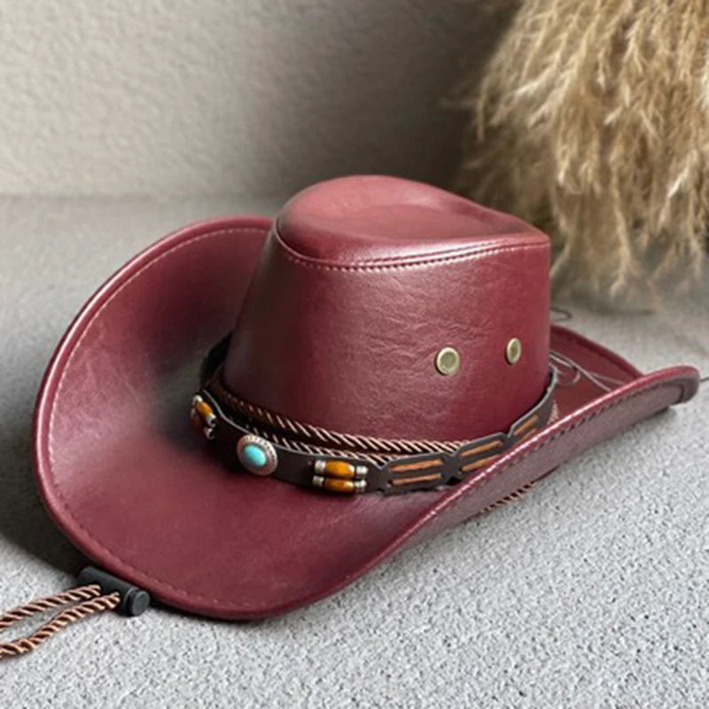 Faux Leather Western Cowboy Hats For Women Men Vintage Gentleman Dress Hats Panama Cowgirl Jazz Cap Sombrero Hombre