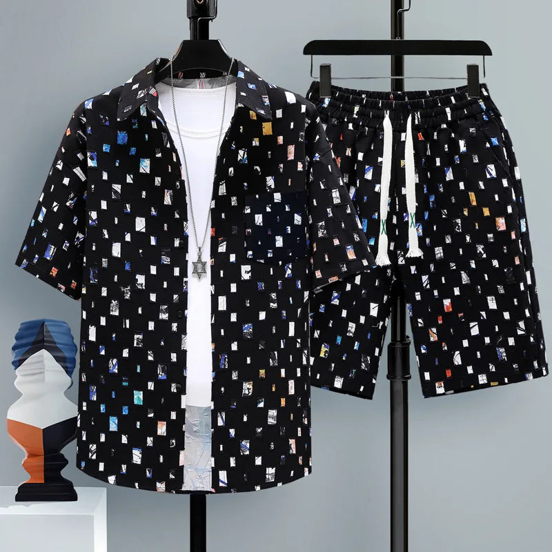 Summer 2 Pieces Set Tracksuit Men's Fake Two Shirt Shorts Harajuku Streetwear Oversized Men Sets Short Outfits Suits