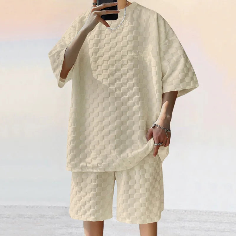Men's Summer Chessboard Plaid Loose Two-Piece Set