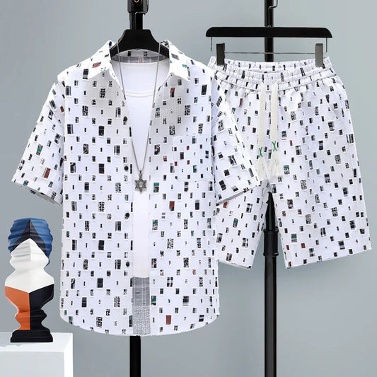 Summer 2 Pieces Set Tracksuit Men's Fake Two Shirt Shorts Harajuku Streetwear Oversized Men Sets Short Outfits Suits