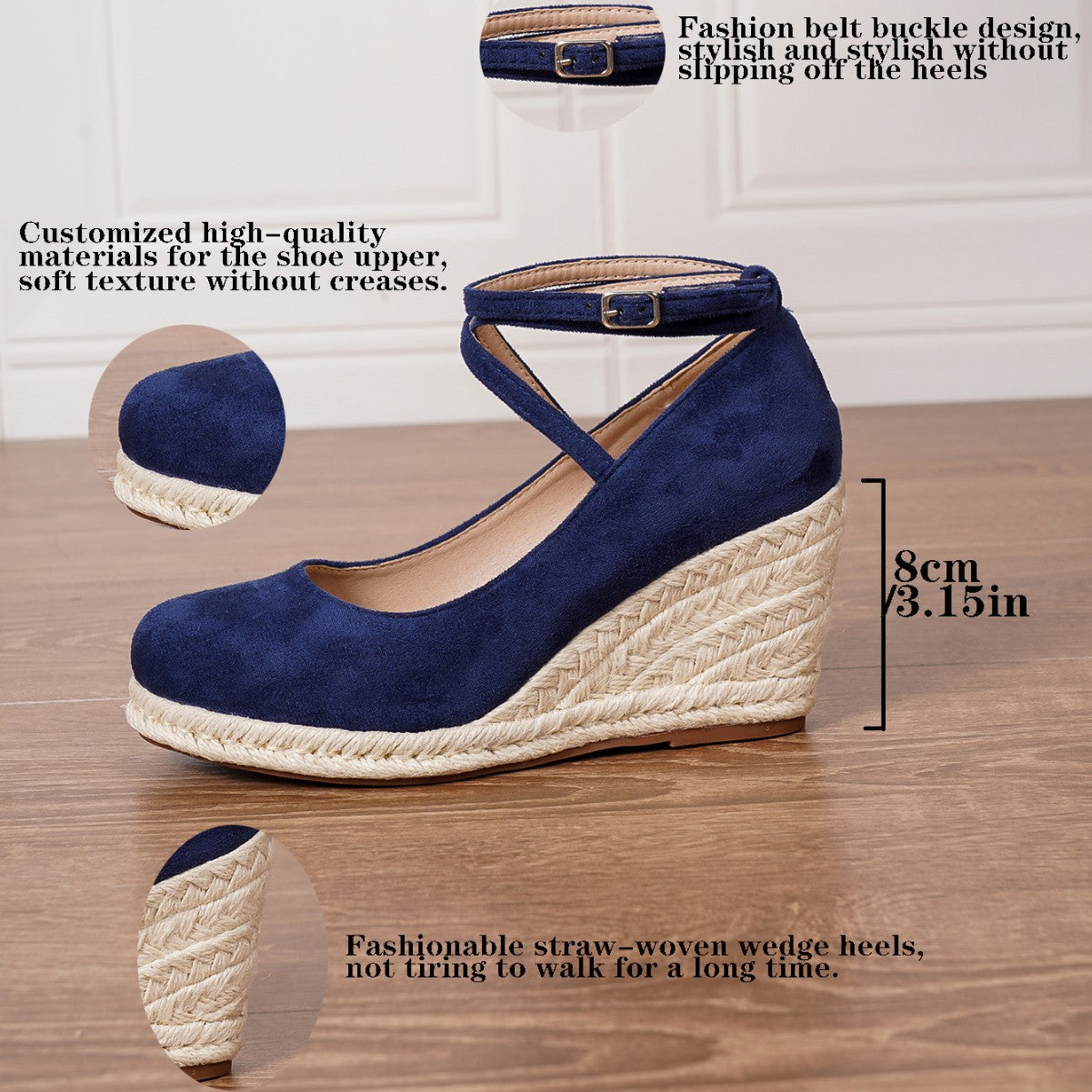 Coastal Vibes Woven Wedge High Heels in Dark Blue