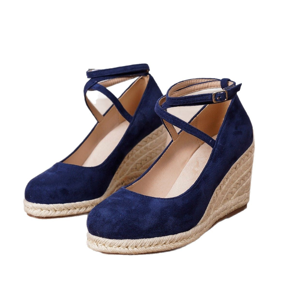 Coastal Vibes Woven Wedge High Heels in Dark Blue