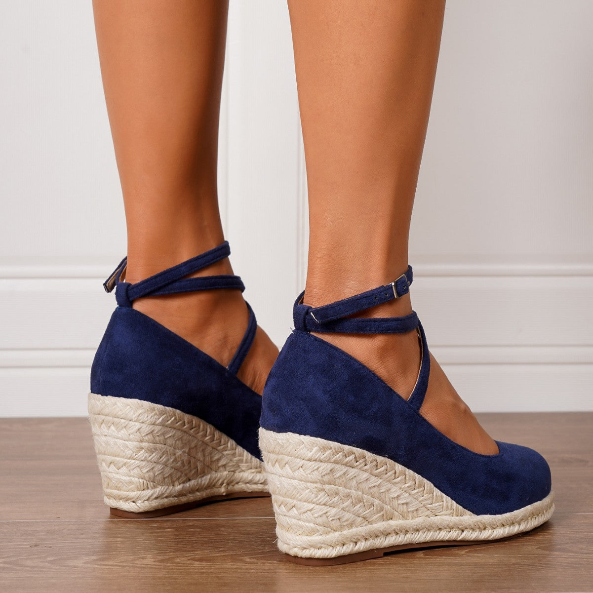 Coastal Vibes Woven Wedge High Heels in Dark Blue