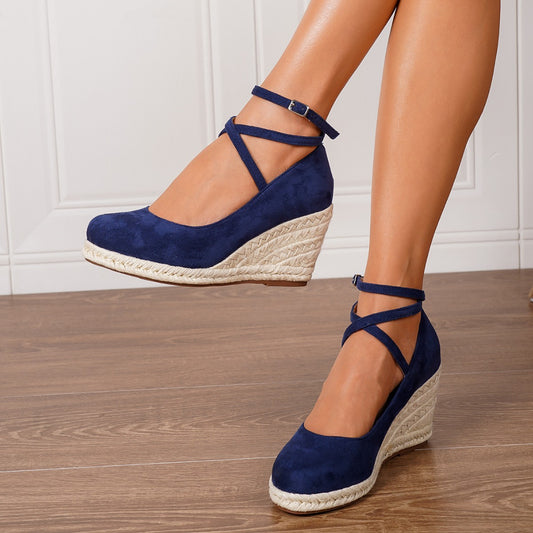 Coastal Vibes Woven Wedge High Heels in Dark Blue