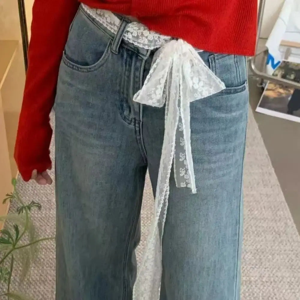 Unique Y2k Long Lace Waistband Floral Bow Lace Waist Belt Tie Up Thin Dress Jeans Belt Summer