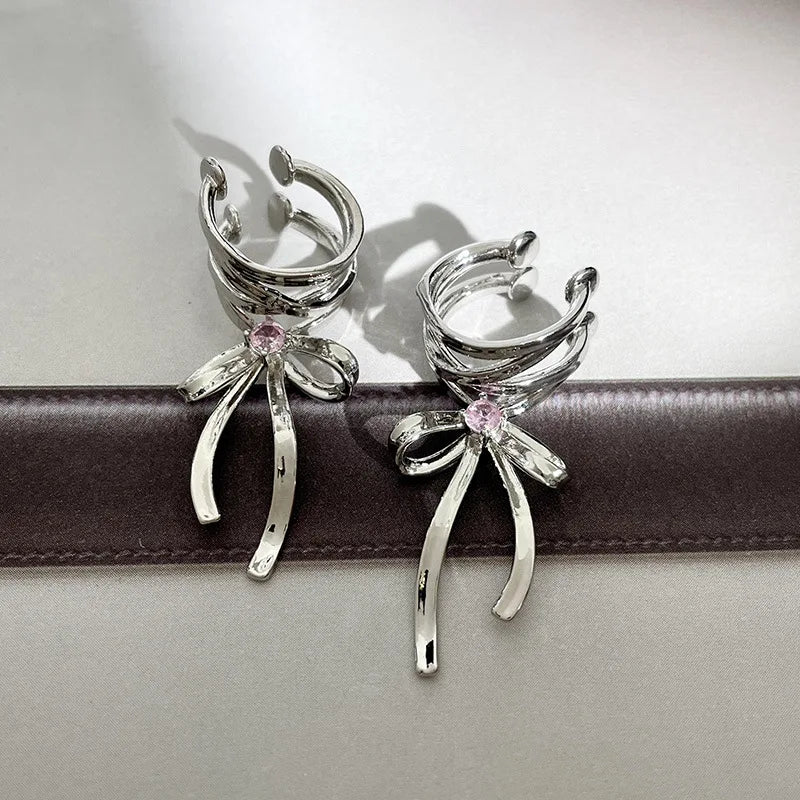 Y2K Girls New Ribbon Aesthetics Ear Clips Ballet Style Ribbon Bow-Knot Ear Cuff Women Korean Fashion Kpop Earring Jewelry Gifts