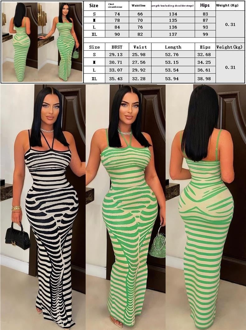 Women's Sunken Stripe Positioning Printed Suspender Dress