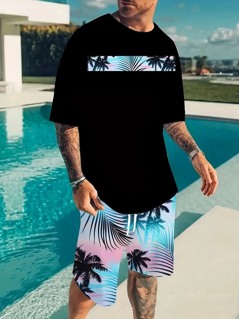 Casual men's  beach  shorts palm tree print O-neck short sleeved l