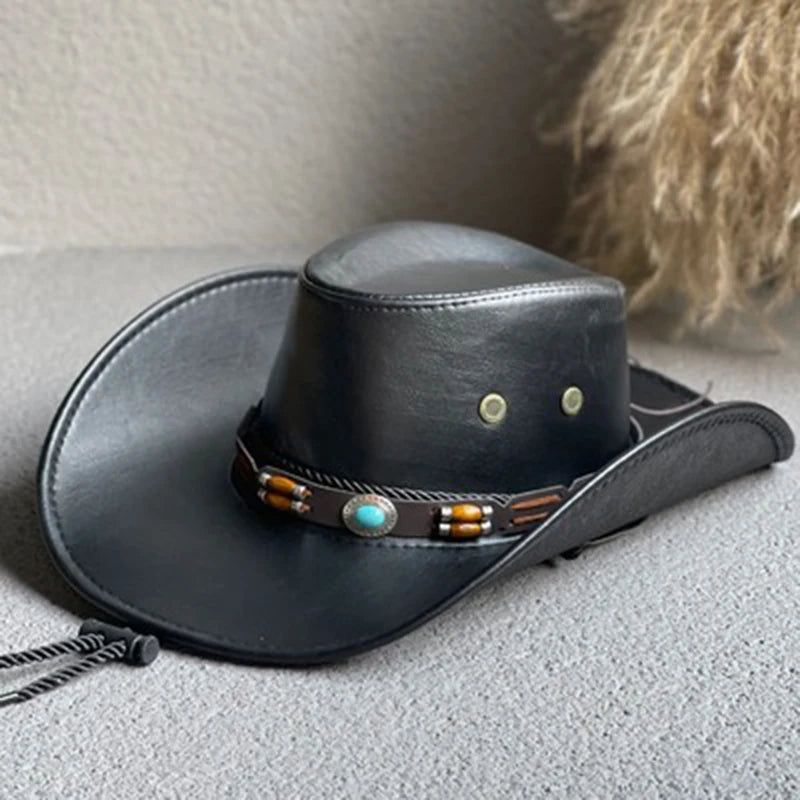 Faux Leather Western Cowboy Hats For Women Men Vintage Gentleman Dress Hats Panama Cowgirl Jazz Cap Sombrero Hombre