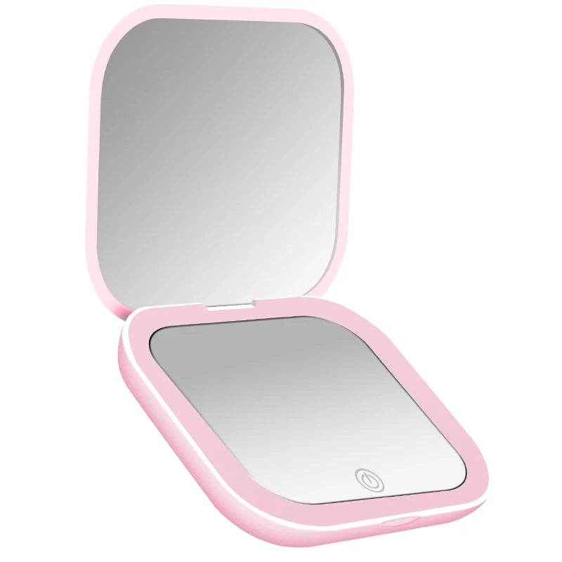 2X magnifying Compact Cosmetic Vanity Mirror with Lights Travel Mini Gift Folding Led Portable Hand Held Pocket Makeup Mirror